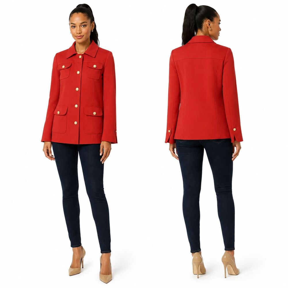 Cabi Broadcast Jacket Style 6671 Red Ponte Knit Gold Button Utility Jacket Women